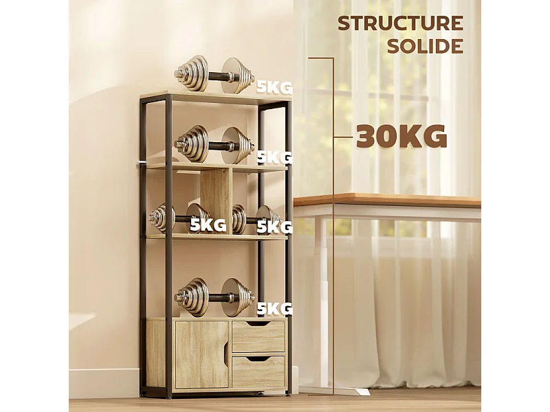 Bibliothèque étagère style industriel CASTELO noir et aspect bois clair