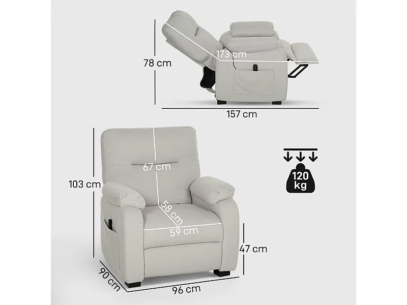 Fauteuil avec port USB et repose-pieds INAAR velours blanc cassé