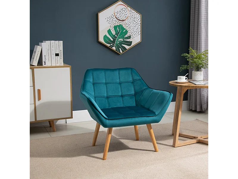 Fauteuil salon scandinave TASIILAQ bois et velours bleu canard