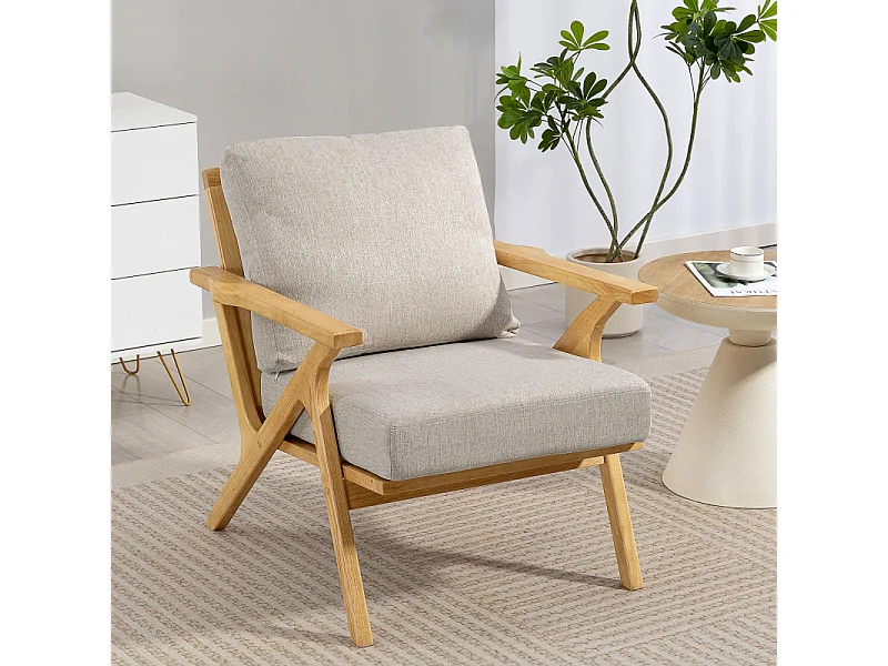 Fauteuil lounge nordique QORTOQ bois d’hévéa et tissu beige