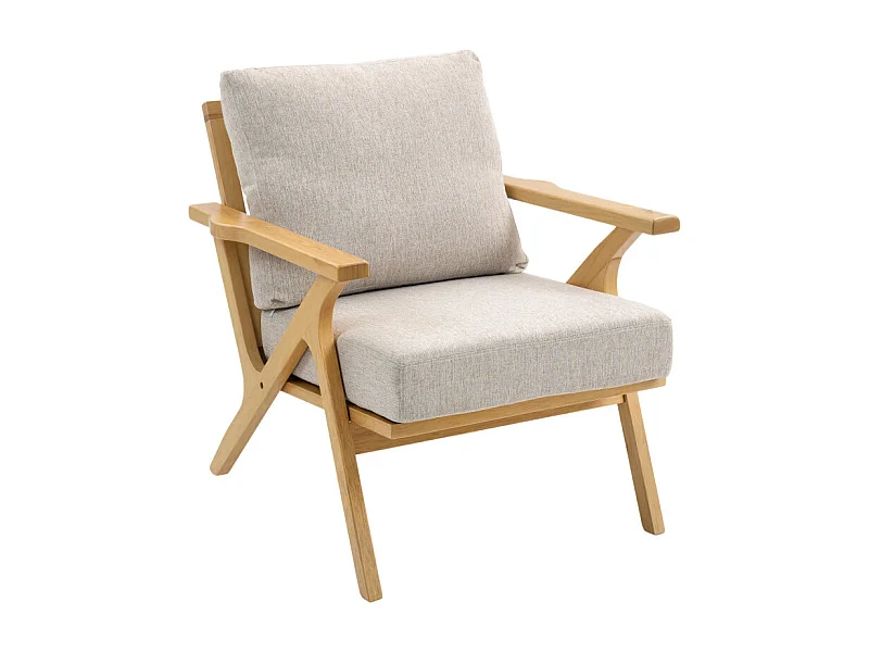 Fauteuil lounge nordique QORTOQ bois d’hévéa et tissu beige