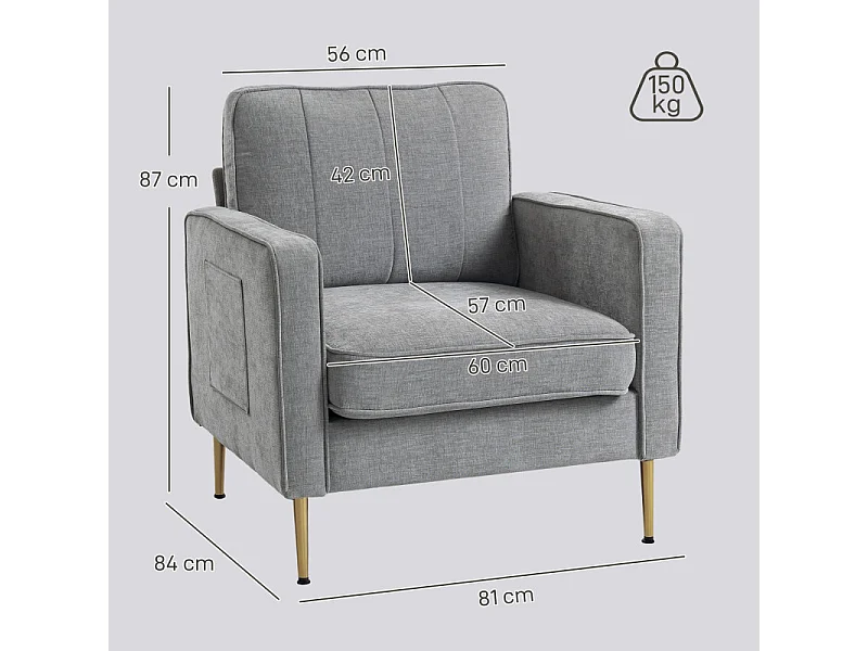 Fauteuil art déco NANOR métal doré et tissu gris clair