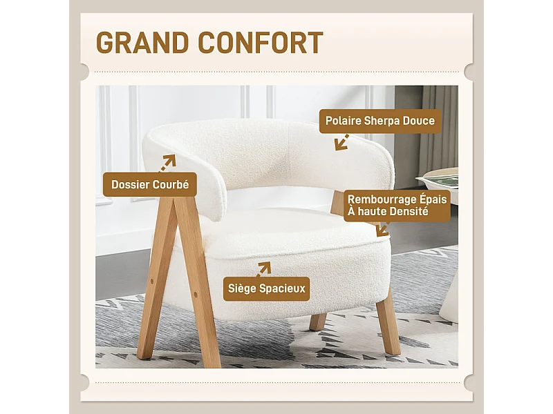 Fauteuil relax nordique STROM bouclette blanche et bois