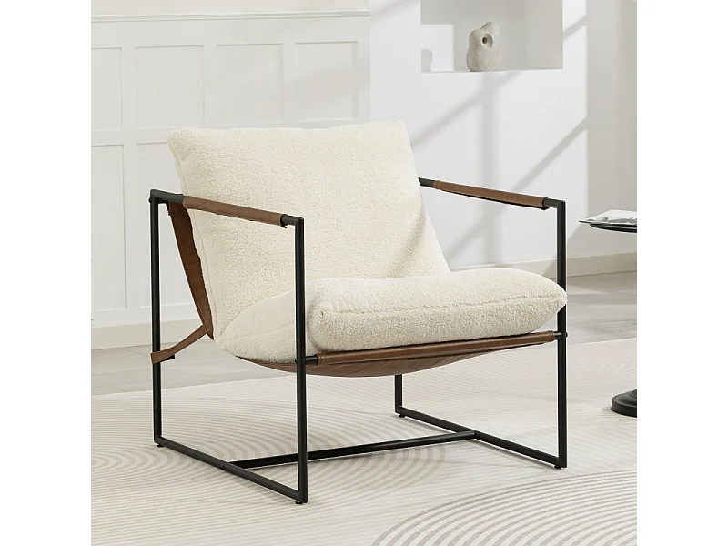 Fauteuil lounge à assise suspendue LISSAT bouclette et acier noir