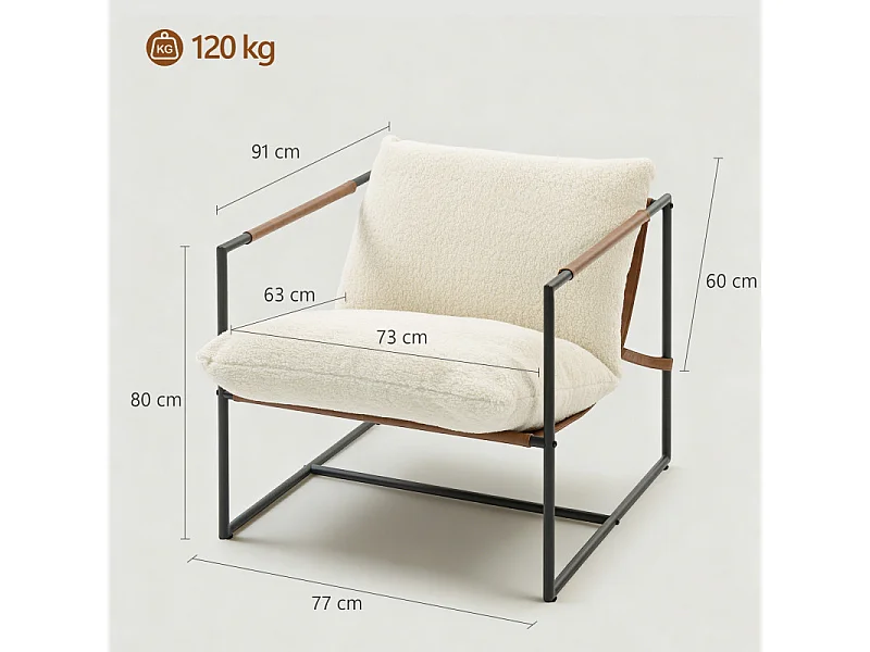 Fauteuil lounge à assise suspendue LISSAT bouclette et acier noir