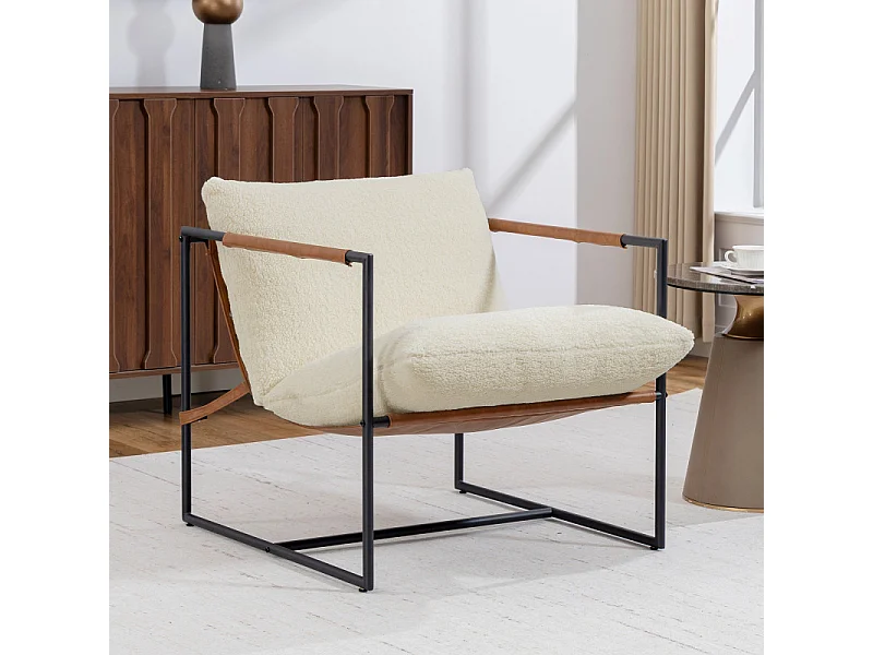 Fauteuil lounge à assise suspendue LISSAT bouclette et acier noir