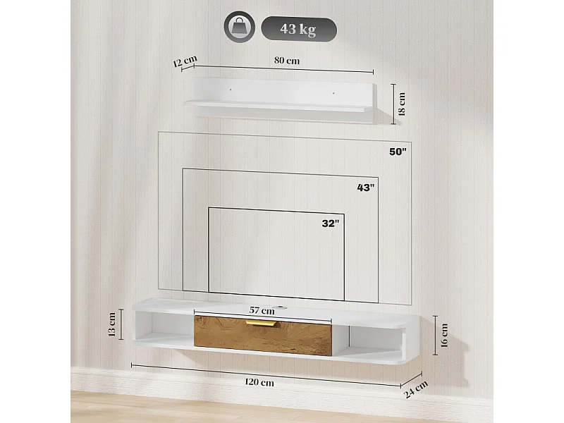 Ensemble meuble TV suspendu avec étagère murale RIBATEJO blanc et chêne