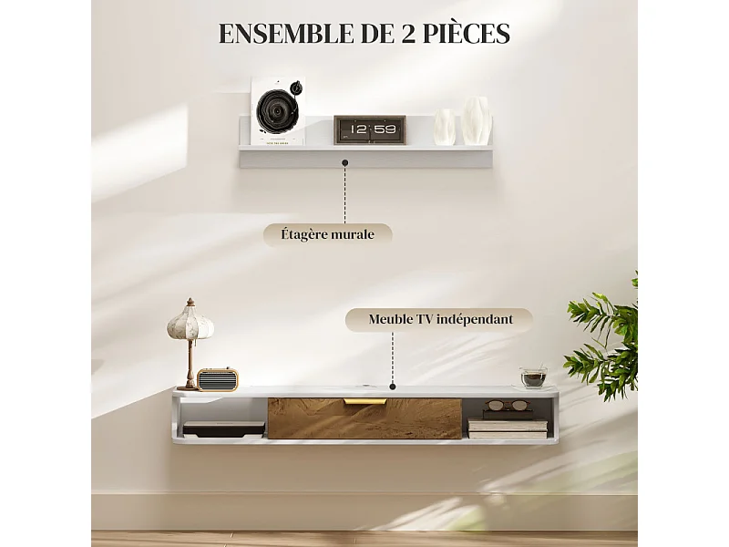 Ensemble meuble TV suspendu avec étagère murale RIBATEJO blanc et chêne
