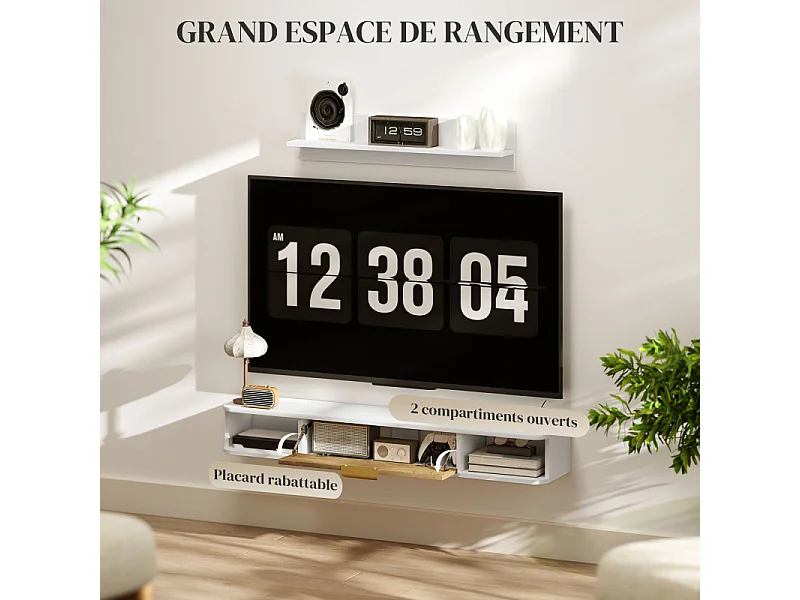 Ensemble meuble TV suspendu avec étagère murale RIBATEJO blanc et chêne