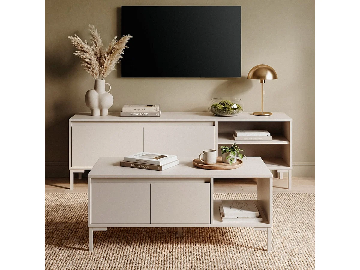 Table basse 2 portes 1 niche beige 100 cm - Ronda