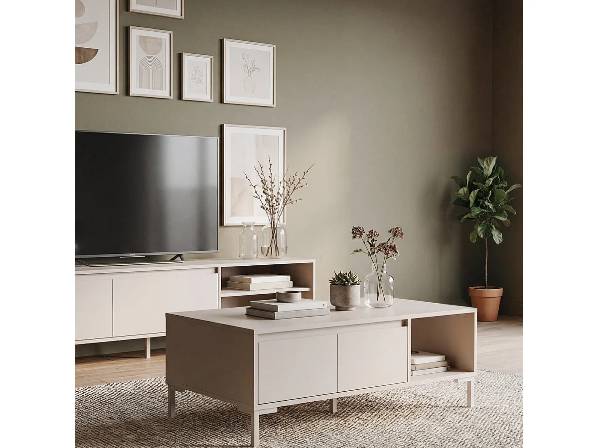 Table basse 2 portes 1 niche beige 100 cm - Ronda