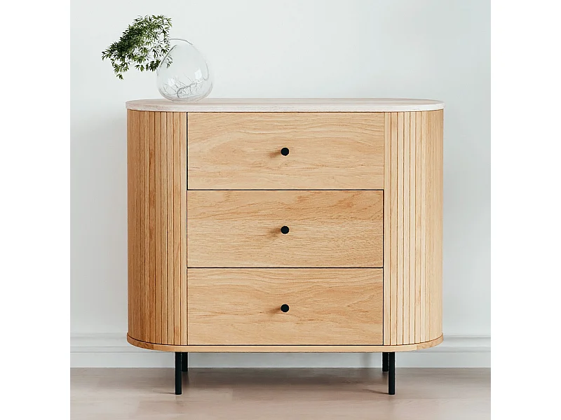 Commode 3 tiroirs effet Chêne et Travertin 80 cm - Juna