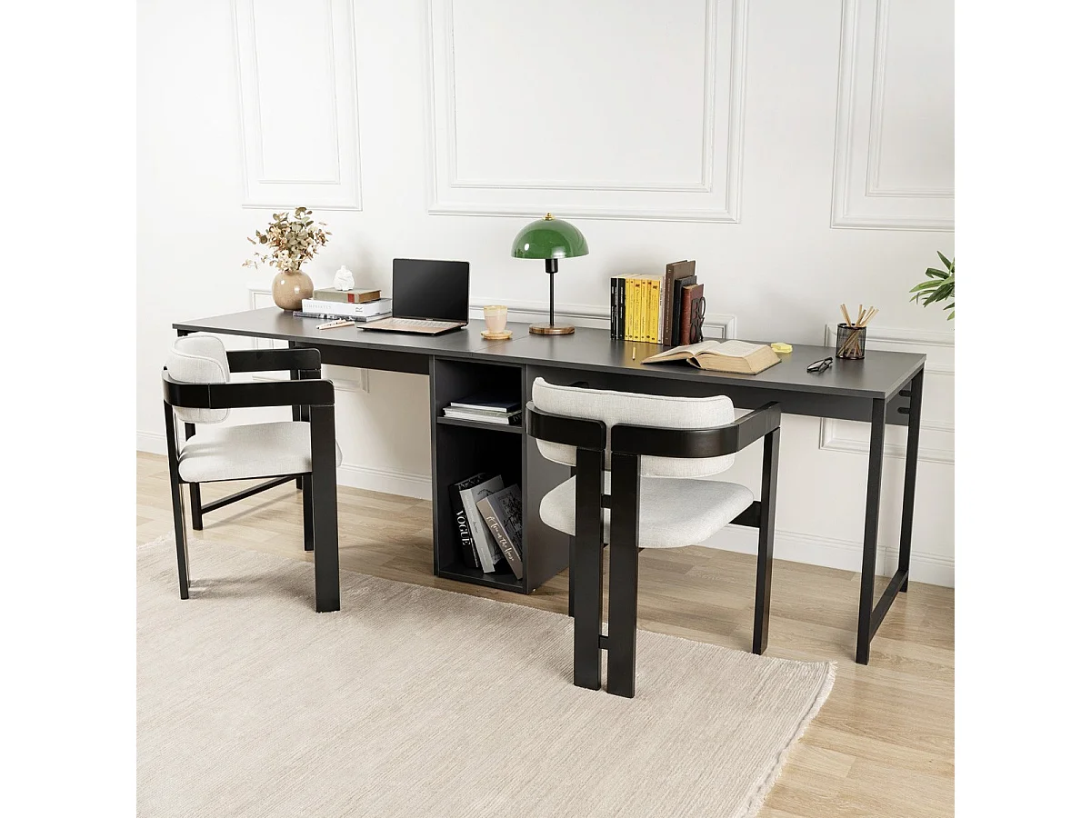 Bureau double avec rangement central gris anthracite, piètement noir 240 cm - Orsa