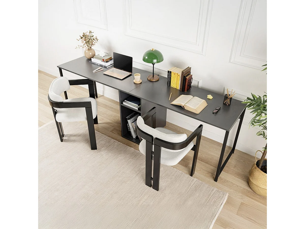 Bureau double avec rangement central gris anthracite, piètement noir 240 cm - Orsa