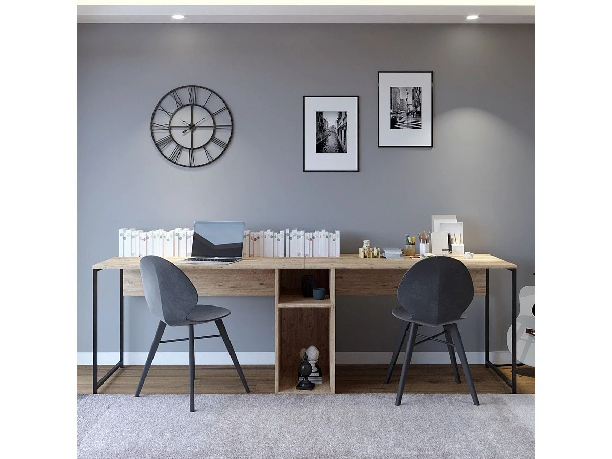 Bureau double avec rangement central effet bois, piètement noir 240 cm - Orsa