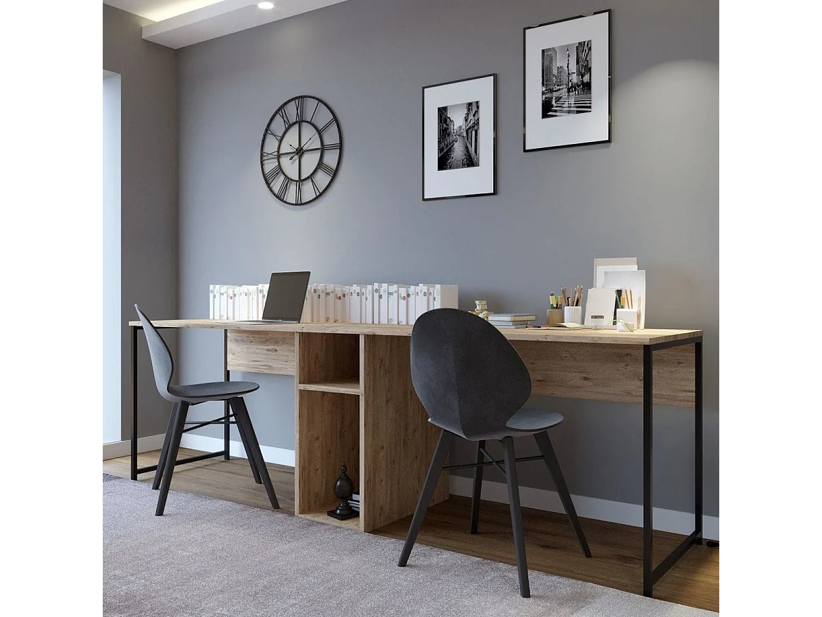 Bureau double avec rangement central effet bois, piètement noir 240 cm - Orsa