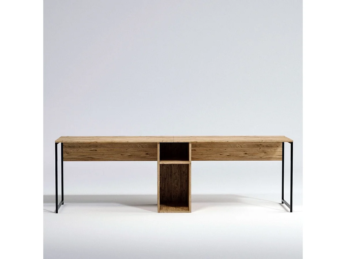 Bureau double avec rangement central effet bois, piètement noir 240 cm - Orsa