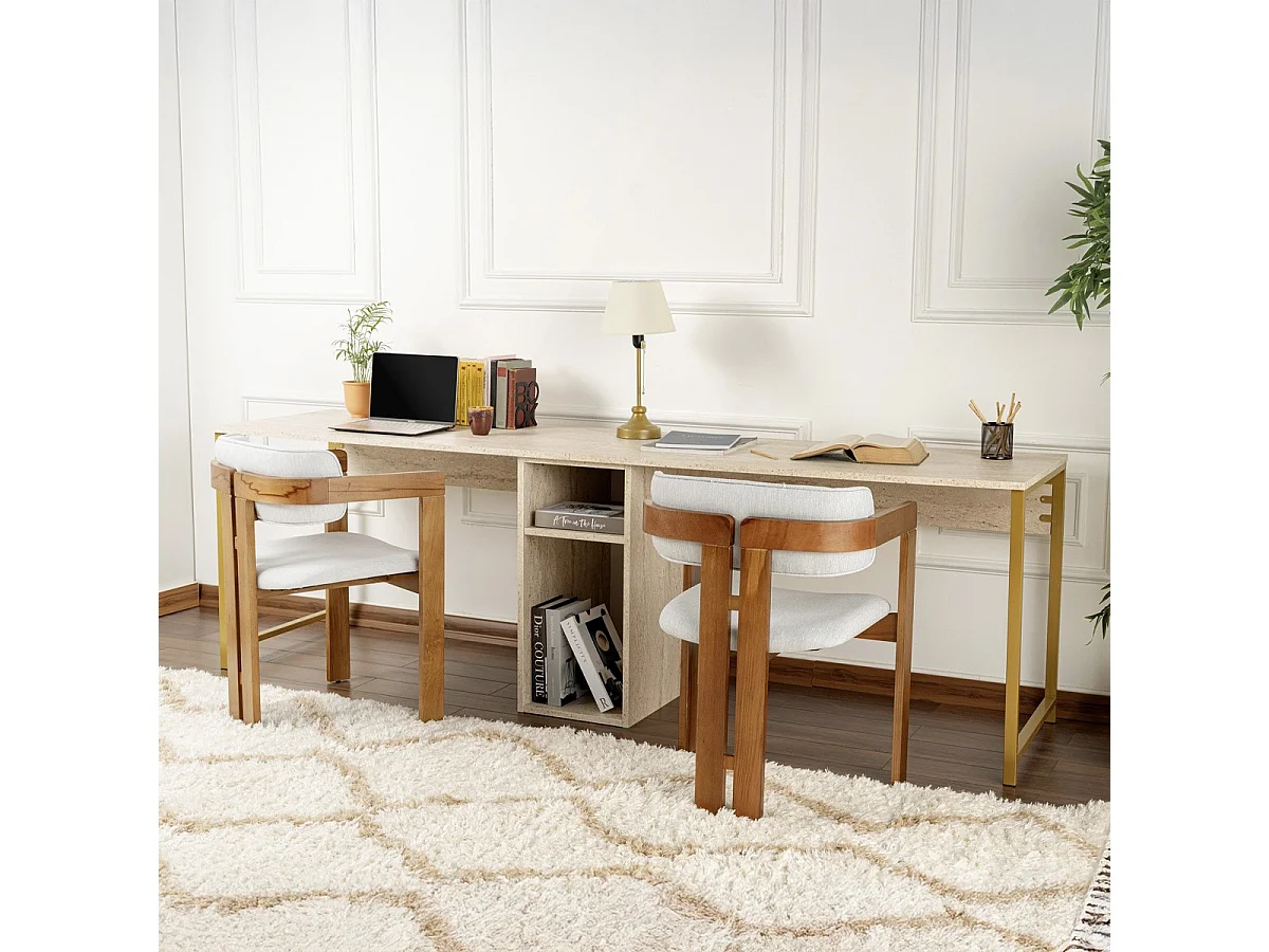 Bureau double avec rangement central effet travertin, piètement doré 240 cm - Orsa