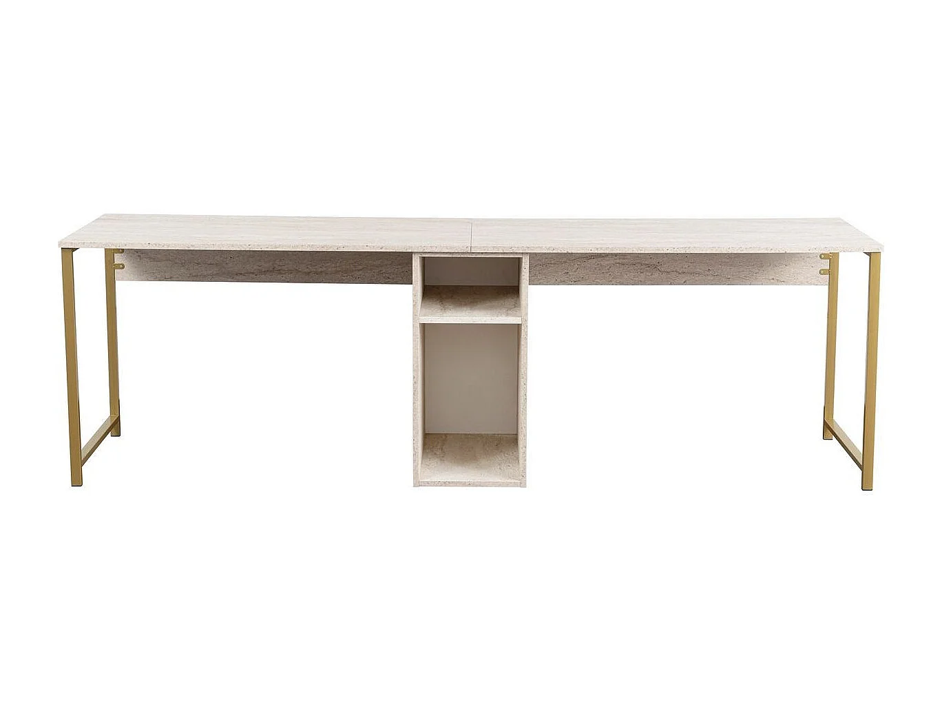 Bureau double avec rangement central effet travertin, piètement doré 240 cm - Orsa