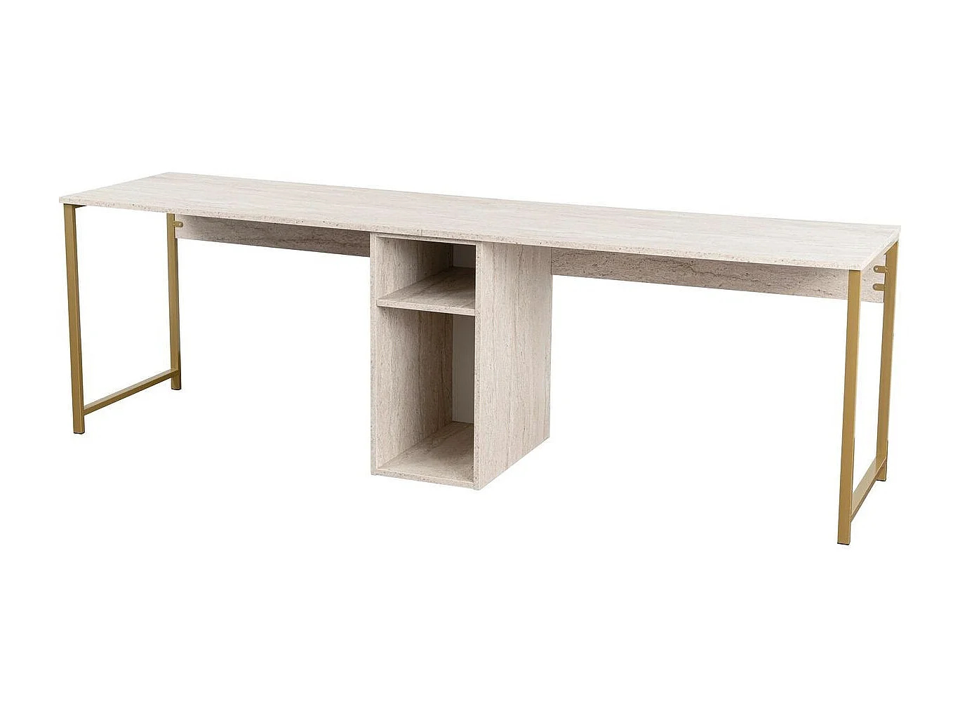Bureau double avec rangement central effet travertin, piètement doré 240 cm - Orsa