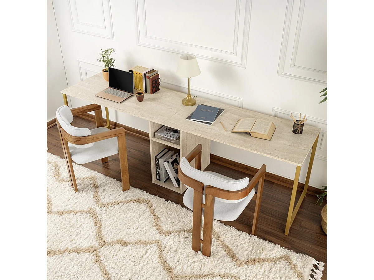 Bureau double avec rangement central effet travertin, piètement doré 240 cm - Orsa