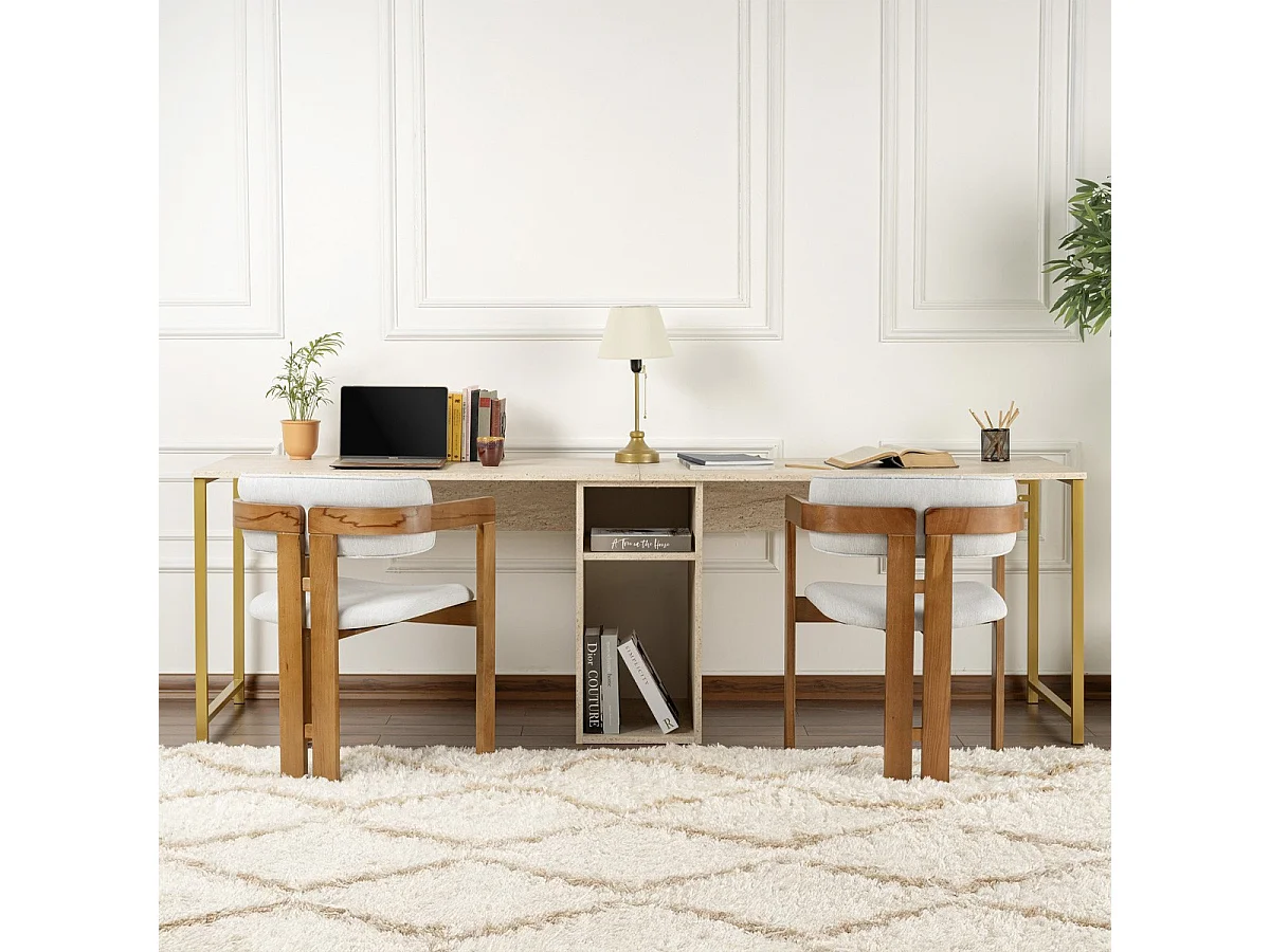 Bureau double avec rangement central effet travertin, piètement doré 240 cm - Orsa