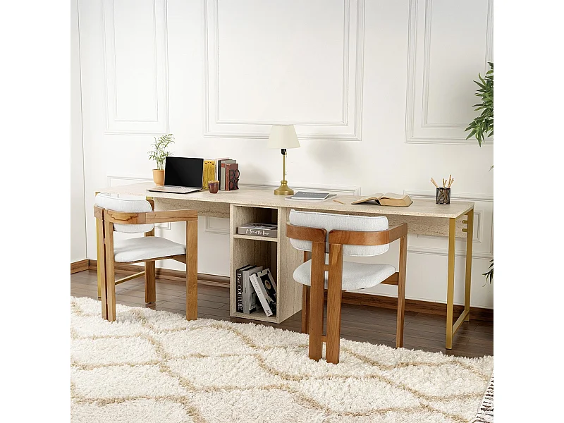 Bureau double avec rangement central effet travertin, piètement doré 240 cm - Orsa