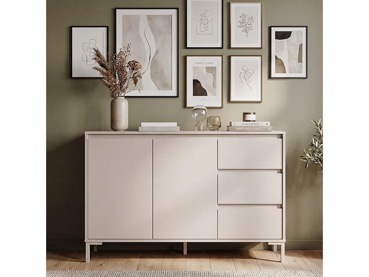 Buffet 2 portes 3 tiroirs beige 120 cm - Ronda