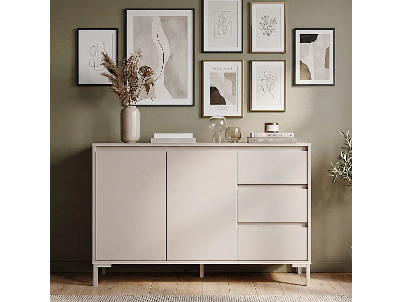 Buffet 2 portes 3 tiroirs beige 120 cm - Ronda