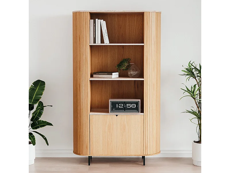 Buffet haut 2 portes 3 niches effet Chêne et Travertin 100 cm - Juna