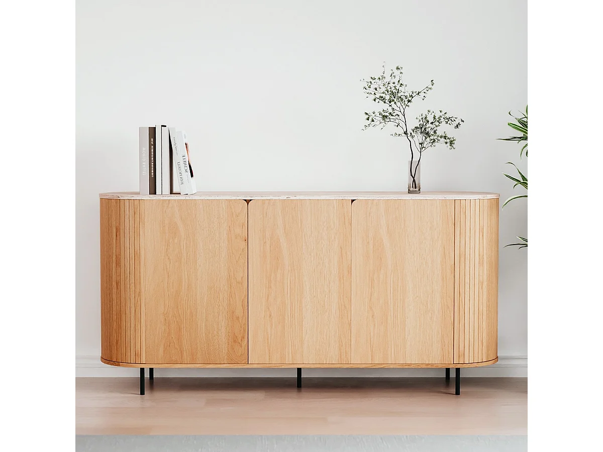 Buffet 3 portes effet Chêne et Travertin 160 cm - Juna