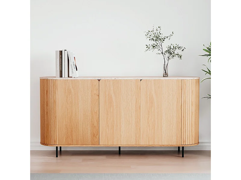 Buffet 3 portes effet Chêne et Travertin 160 cm - Juna