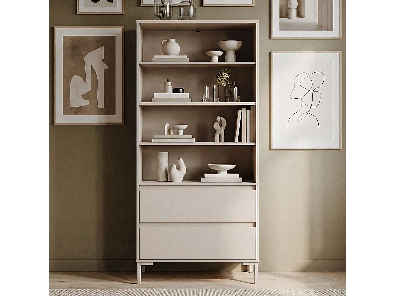 Bibliothèque 2 tiroirs 4 niches beige 78 cm - Ronda