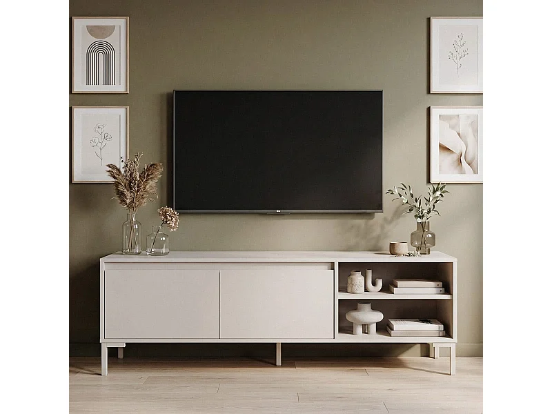 Meuble TV 2 portes 2 niches beige 150 cm - Ronda