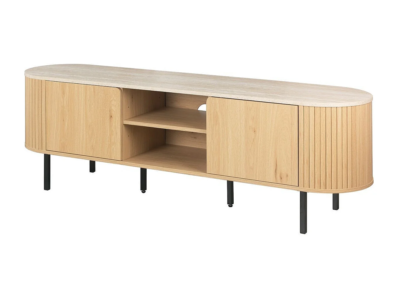 Meuble TV 2 portes 2 niches effet Chêne et Travertin 160 cm - Juna