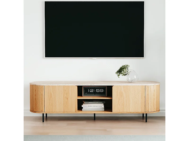 Meuble TV 2 portes 2 niches effet Chêne et Travertin 160 cm - Juna