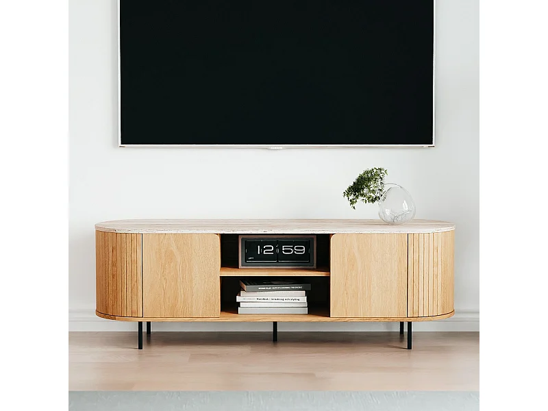 Meuble TV 2 portes 2 niches effet Chêne et Travertin 140 cm - Juna