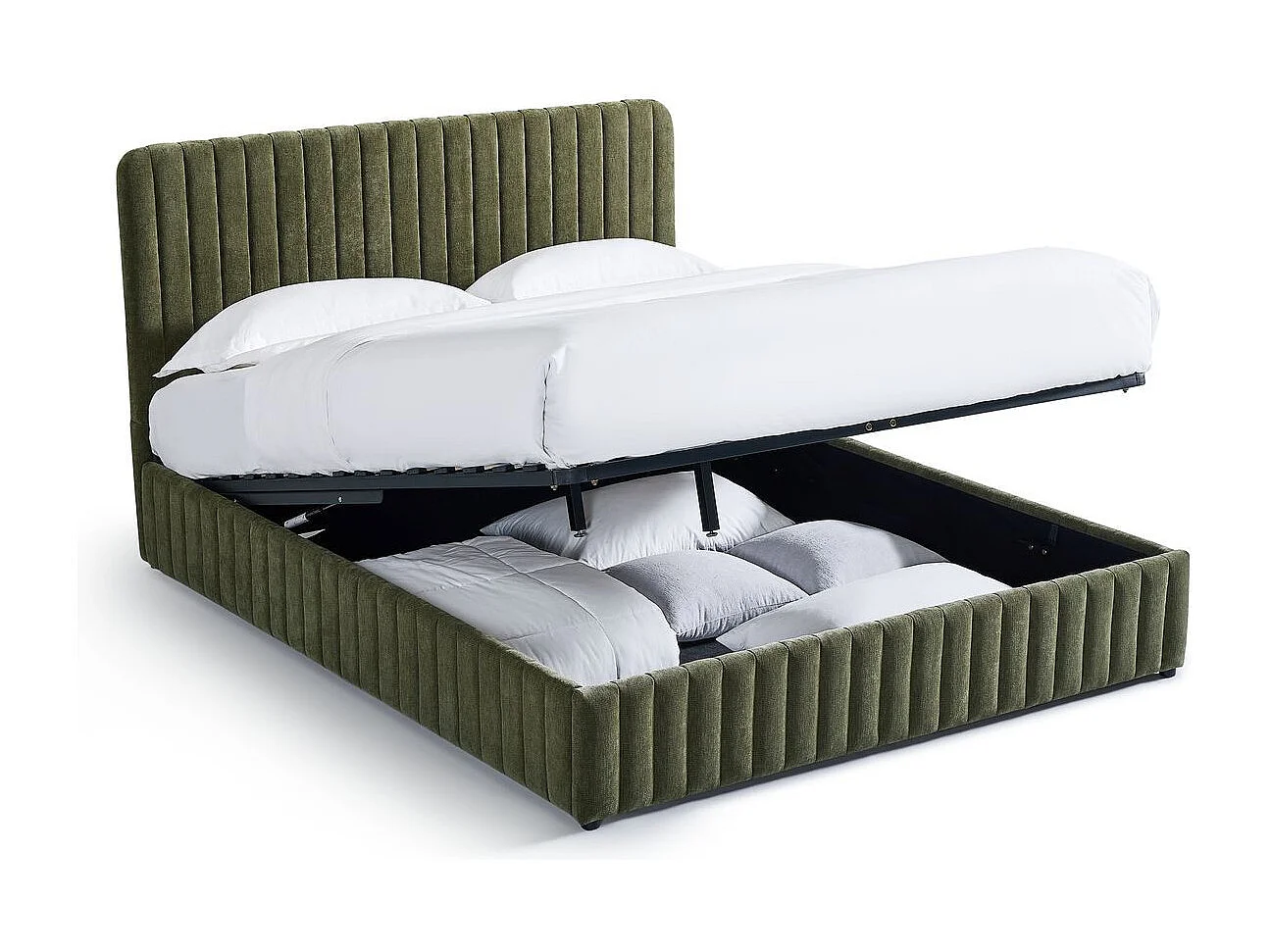 Lit coffre adulte 160x200 cm avec tête de lit capitonnée en tissu chenille vert kaki - Alto