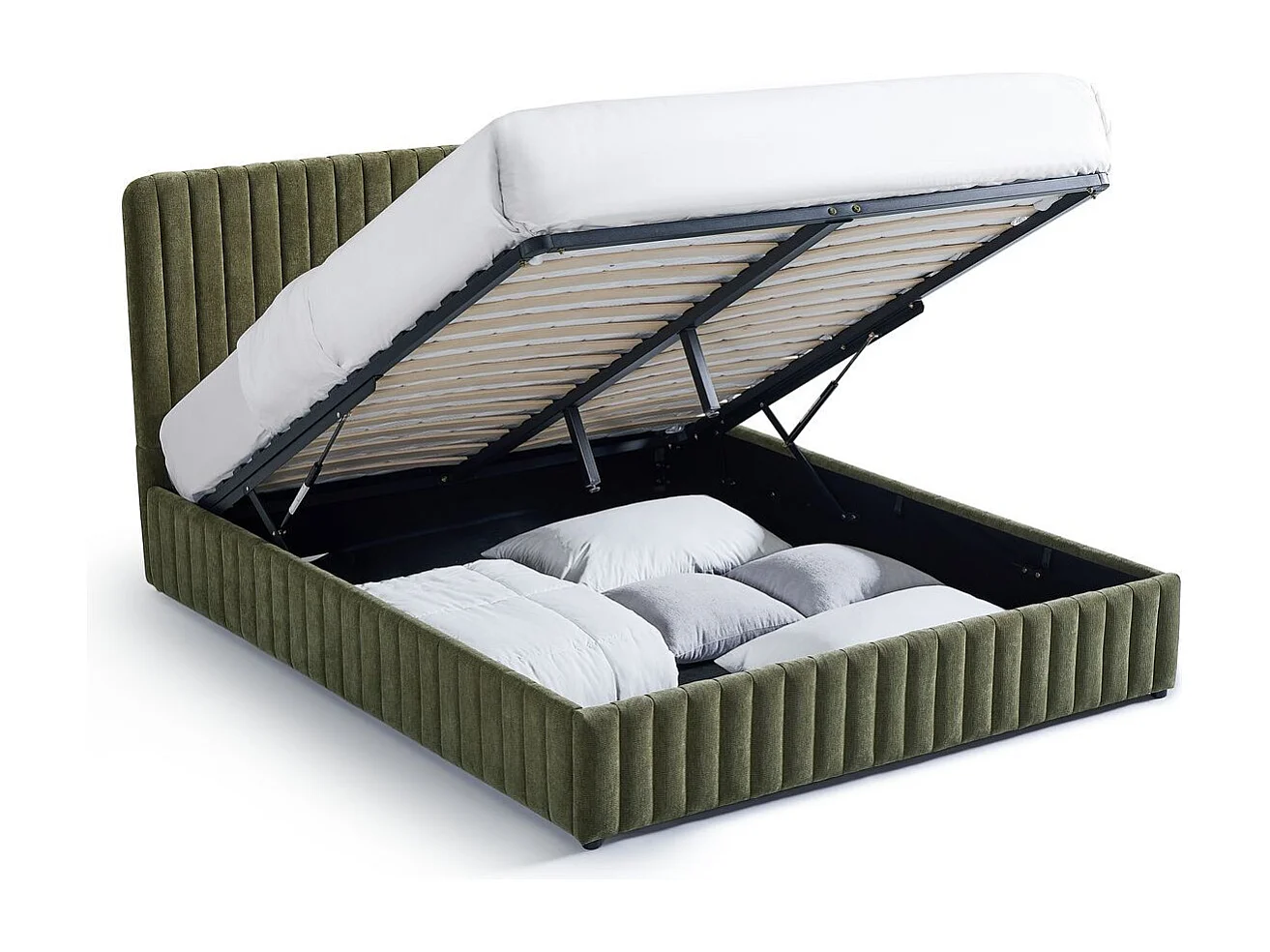 Lit coffre adulte 160x200 cm avec tête de lit capitonnée en tissu chenille vert kaki - Alto