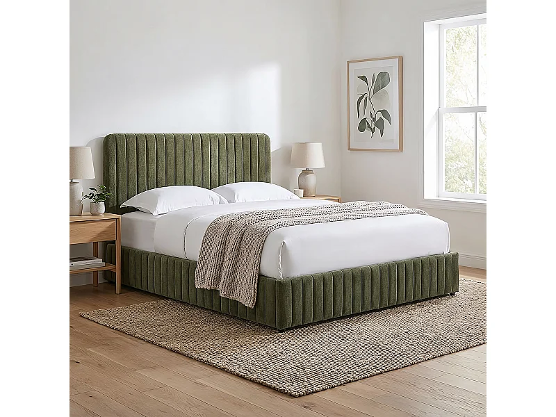 Lit coffre adulte 160x200 cm avec tête de lit capitonnée en tissu chenille vert kaki - Alto