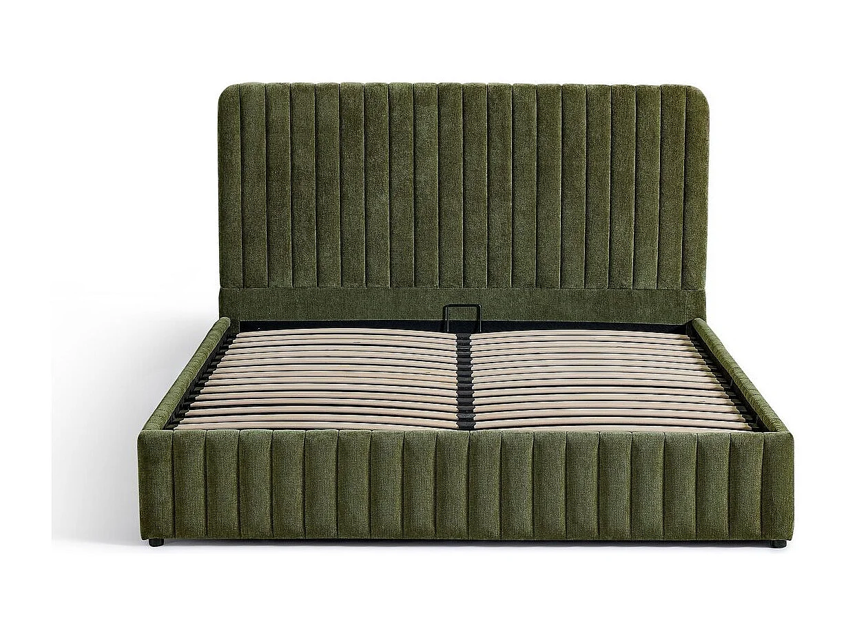 Lit coffre adulte 140x190 cm avec tête de lit capitonnée en tissu chenille vert kaki - Alto