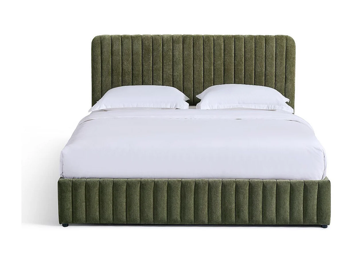Lit coffre adulte 140x190 cm avec tête de lit capitonnée en tissu chenille vert kaki - Alto