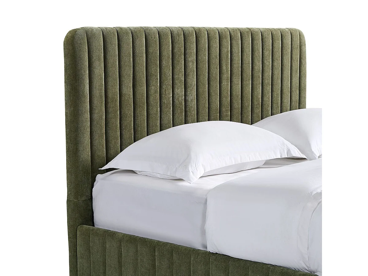 Lit coffre adulte 140x190 cm avec tête de lit capitonnée en tissu chenille vert kaki - Alto