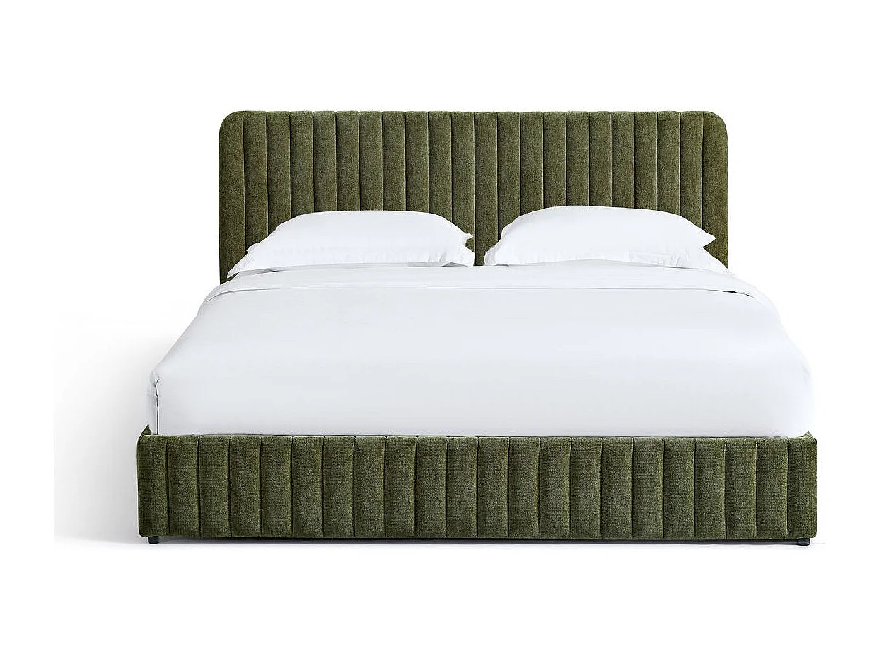 Lit coffre adulte 180x200 cm avec tête de lit capitonnée en tissu chenille vert kaki - Alto