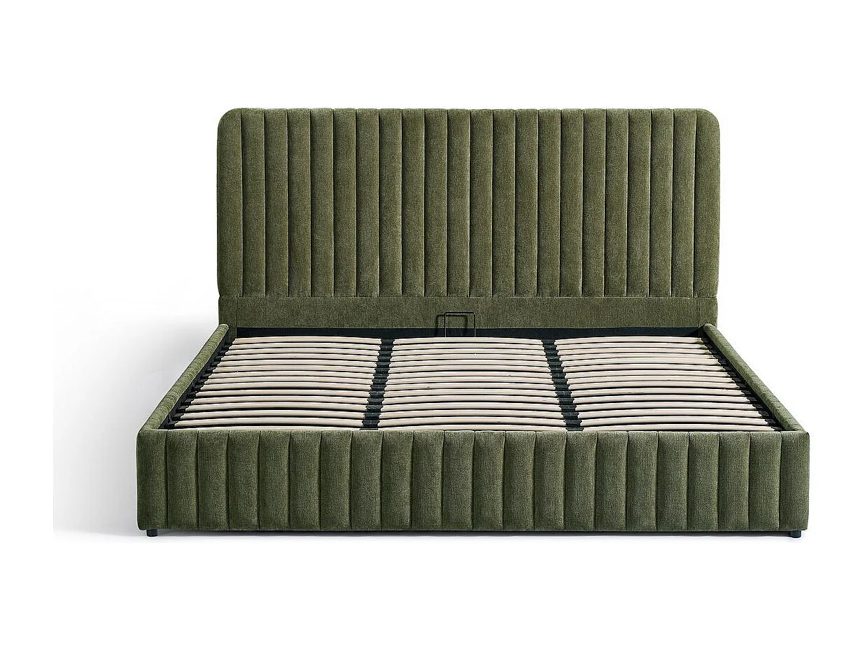 Lit coffre adulte 180x200 cm avec tête de lit capitonnée en tissu chenille vert kaki - Alto