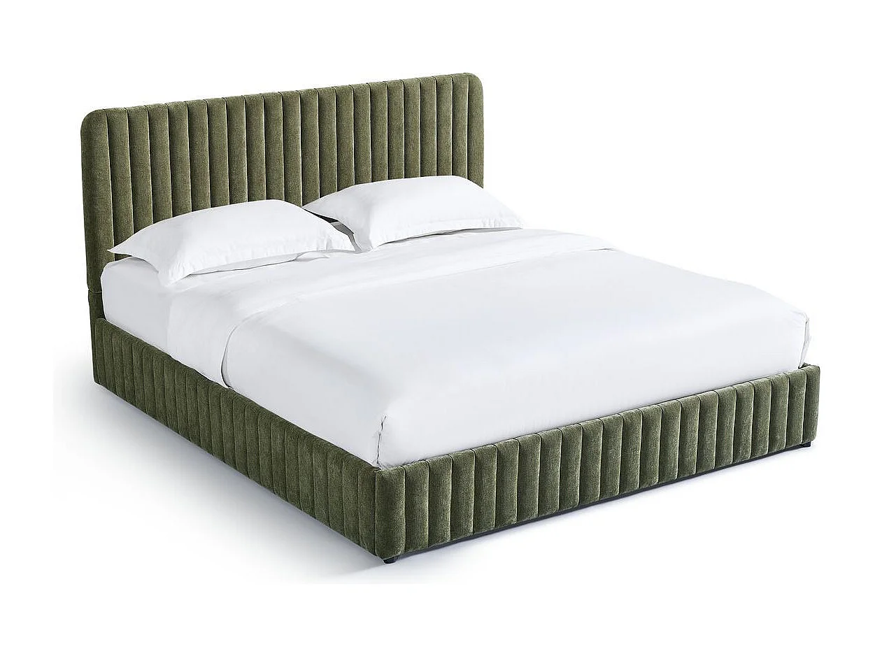 Lit coffre adulte 180x200 cm avec tête de lit capitonnée en tissu chenille vert kaki - Alto