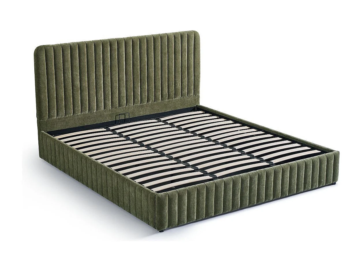 Lit coffre adulte 180x200 cm avec tête de lit capitonnée en tissu chenille vert kaki - Alto