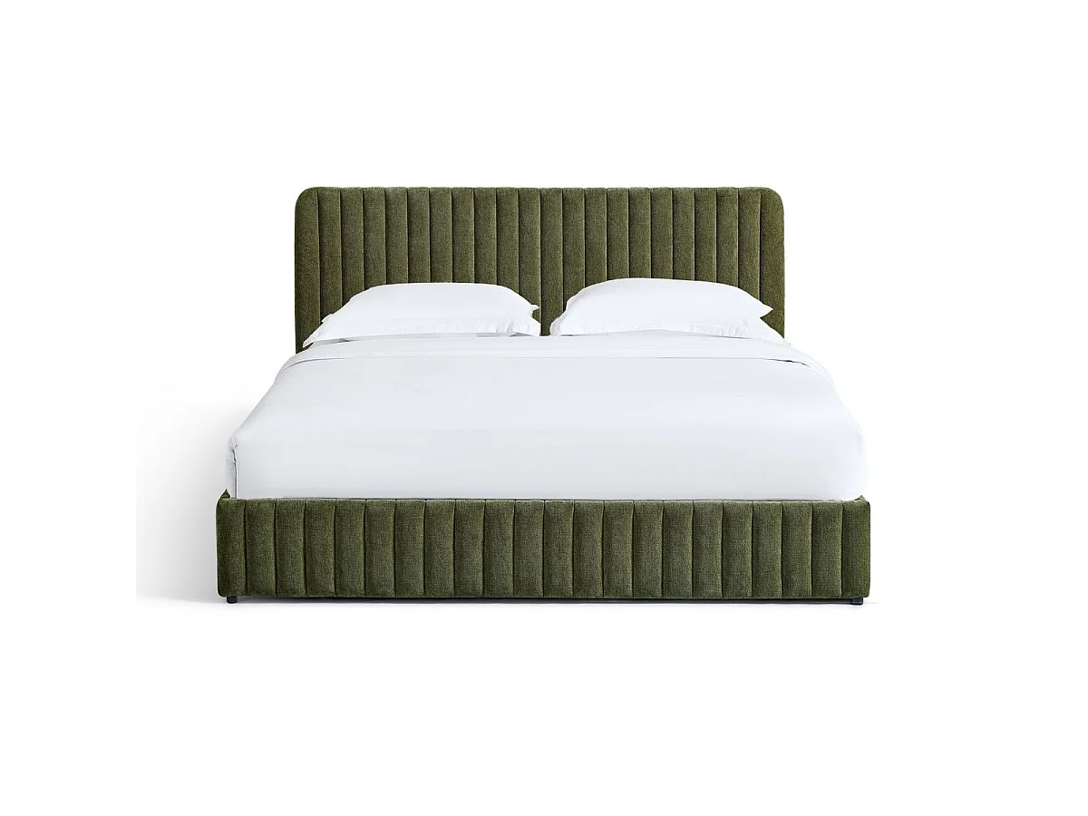 Lit coffre adulte 180x200 cm avec tête de lit capitonnée en tissu chenille vert kaki - Alto