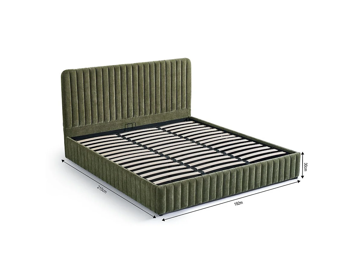 Lit coffre adulte 180x200 cm avec tête de lit capitonnée en tissu chenille vert kaki - Alto