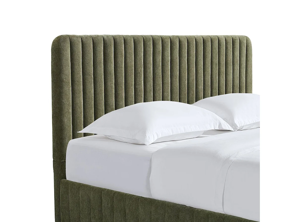 Lit coffre adulte 180x200 cm avec tête de lit capitonnée en tissu chenille vert kaki - Alto